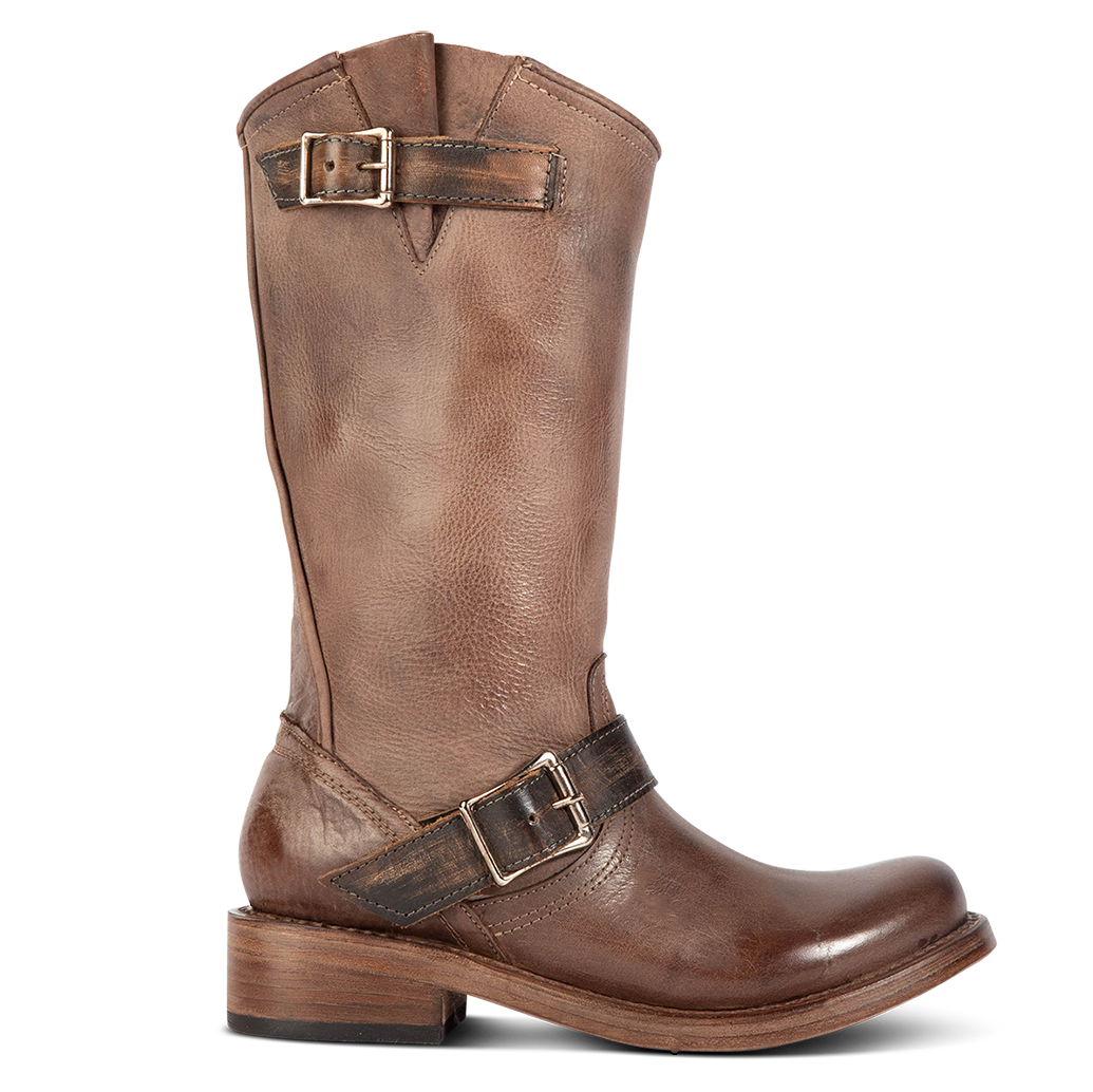 FREEBIRD women's Crosby brown featuring full grain leather, buckle straps, and a hidden pocket