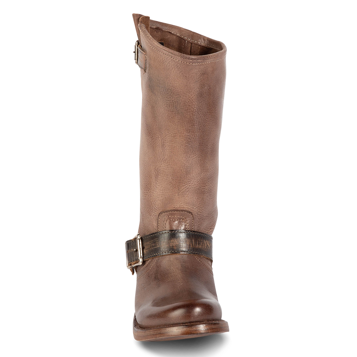 Front view showing full grain leather and buckle straps on FREEBIRD women's Crosby brown leather boot