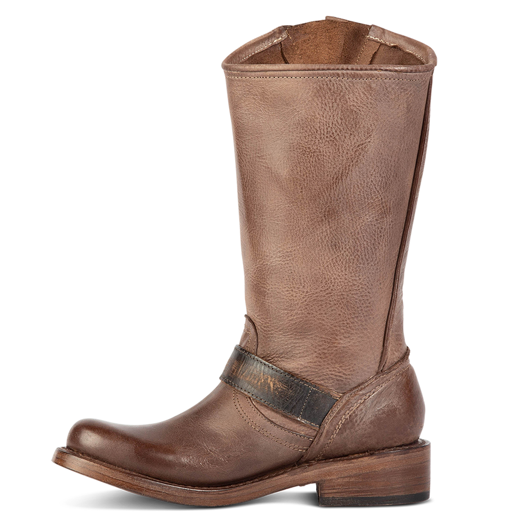 Inside view showing full grain leather on FREEBIRD women's Crosby brown leather boot