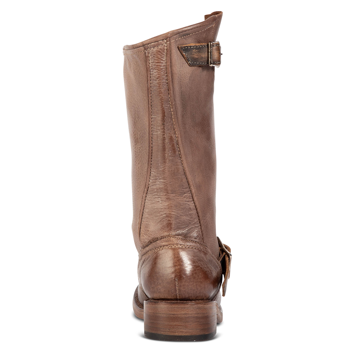 Back view showing full grain leather and raised leather seams on FREEBIRD women's Crosby brown leather boot