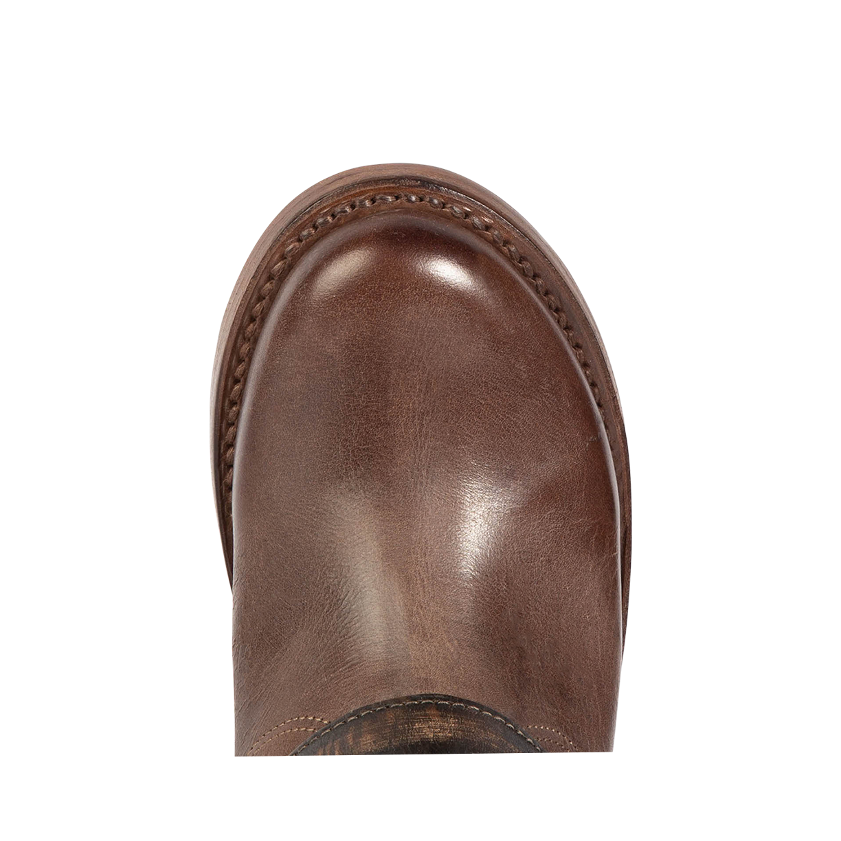 Top view showing round toe on FREEBIRD women's Crosby brown leather boot