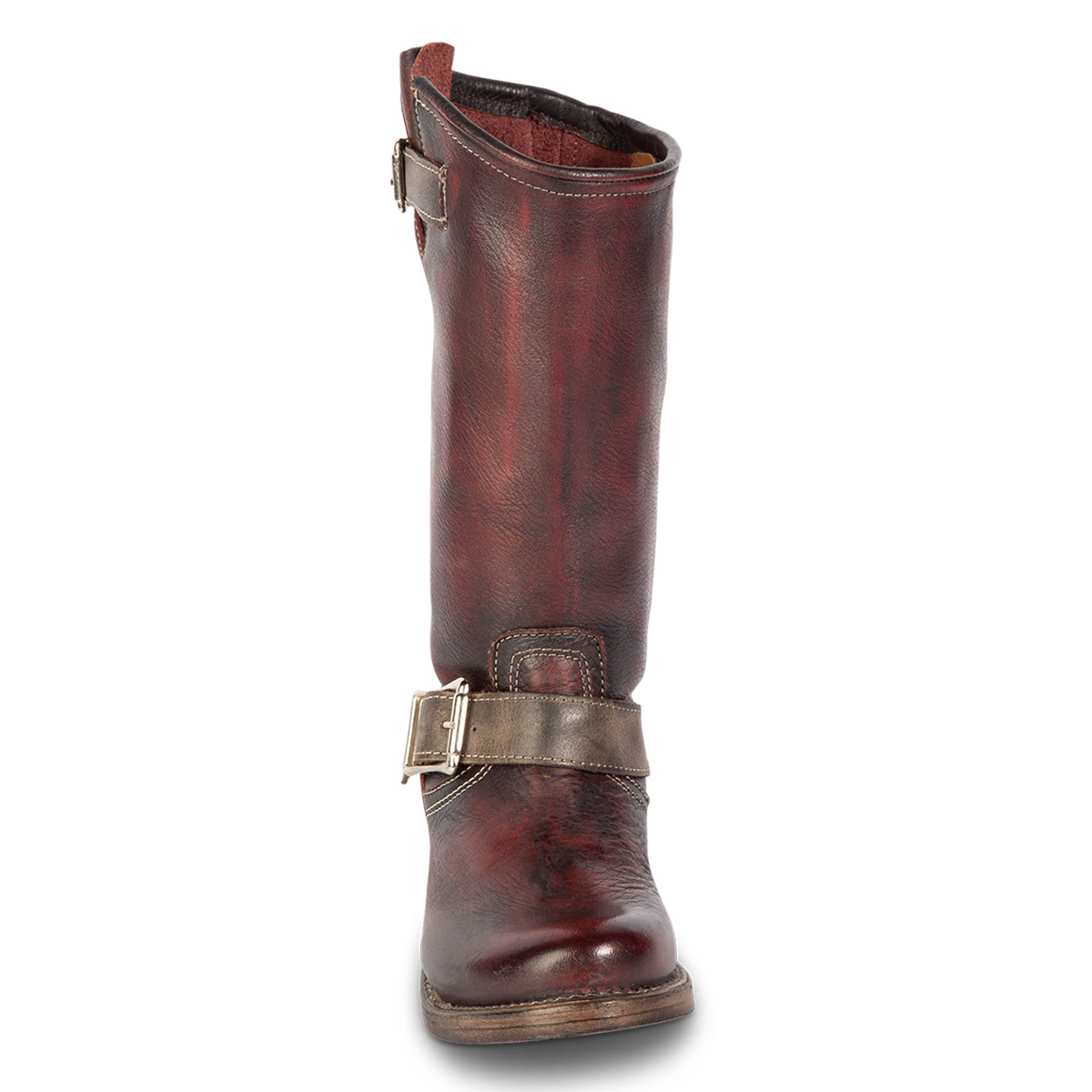 Front view showing full grain leather and buckle straps on FREEBIRD women's Crosby wine leather boot