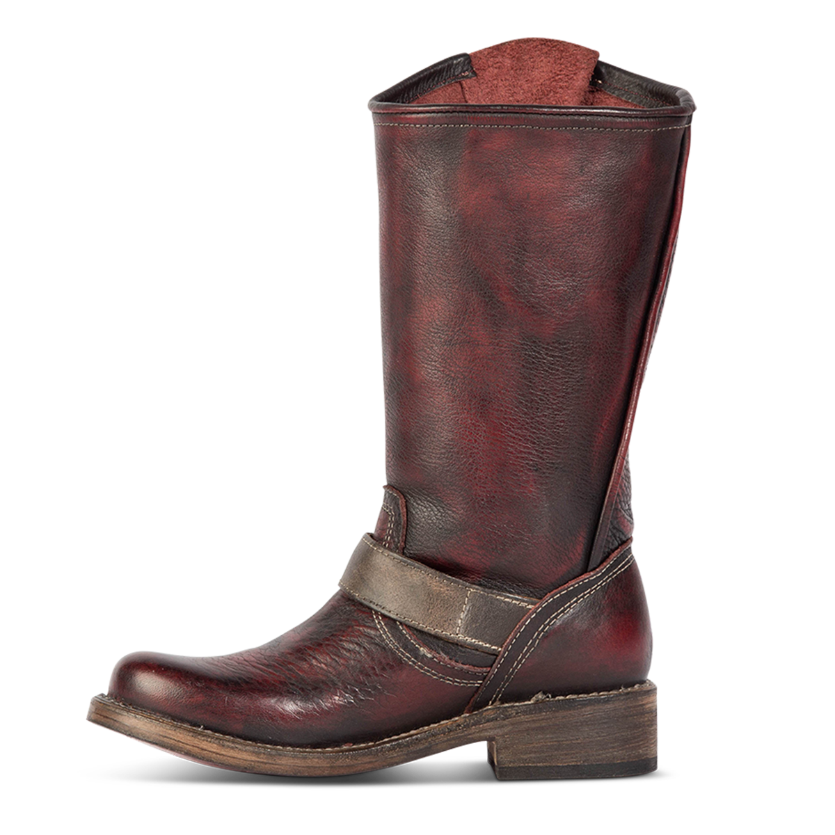 Inside view showing full grain leather on FREEBIRD women's Crosby wine leather boot