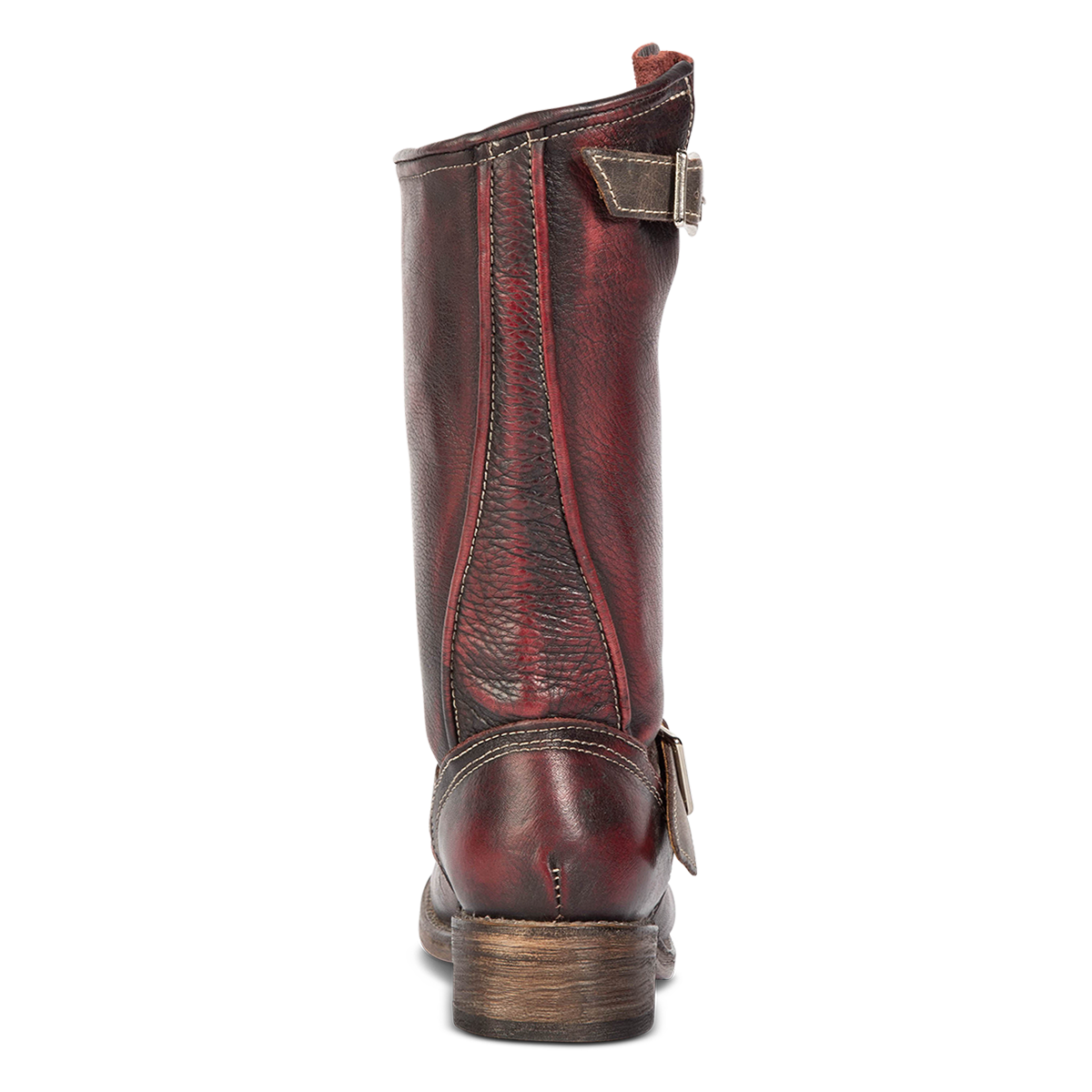 Back view showing full grain leather and raised leather seams on FREEBIRD women's Crosby wine leather boot