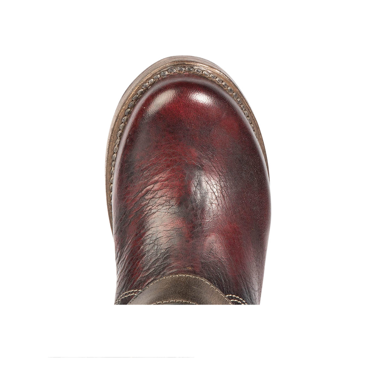 Top view showing round toe on FREEBIRD women's Crosby wine leather boot