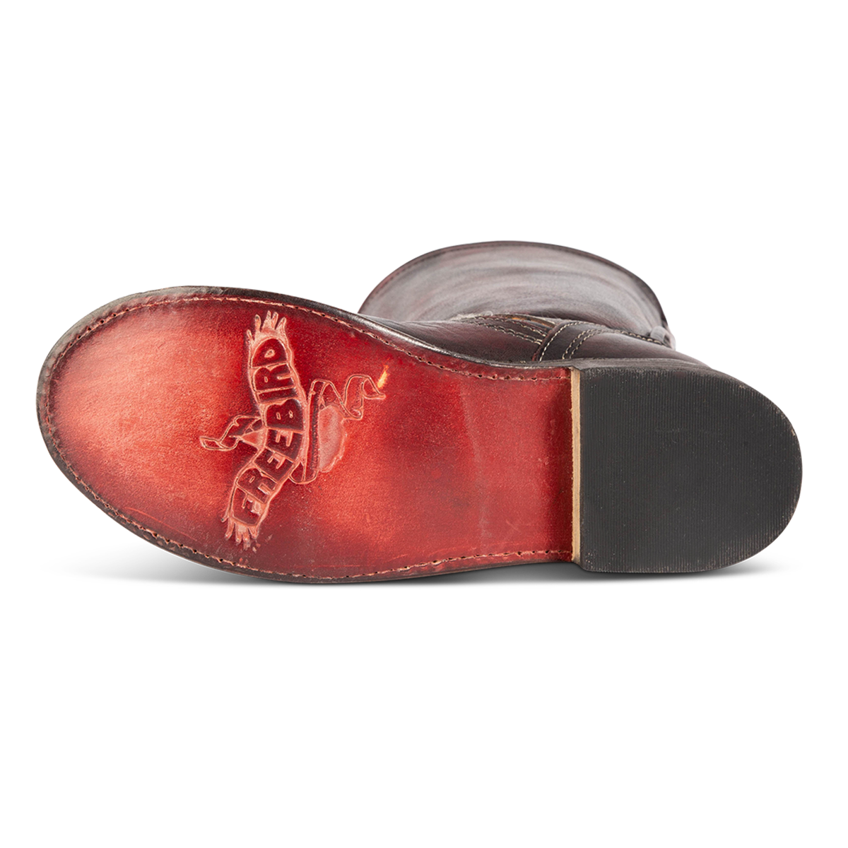 Leather sole imprinted with FREEBIRD on women's Crosby wine leather boot