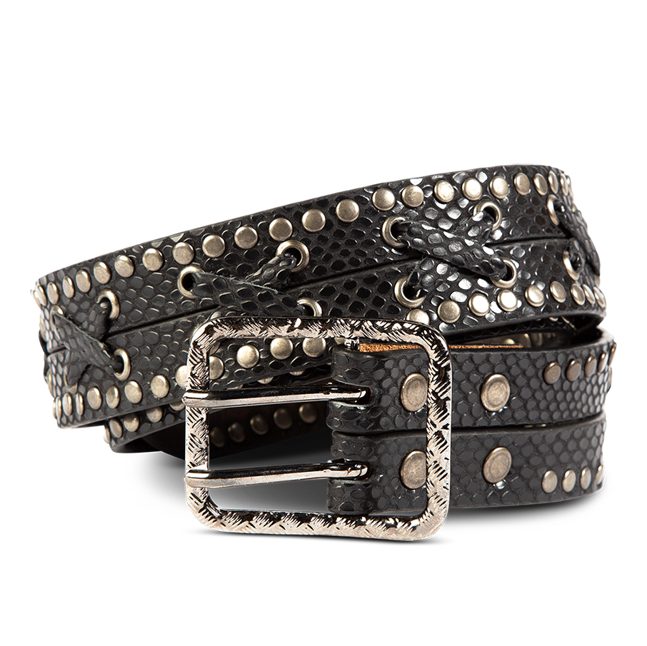 FREEBIRD Cross black snake full grain leather belt featuring silver hardware and leather cross detailing