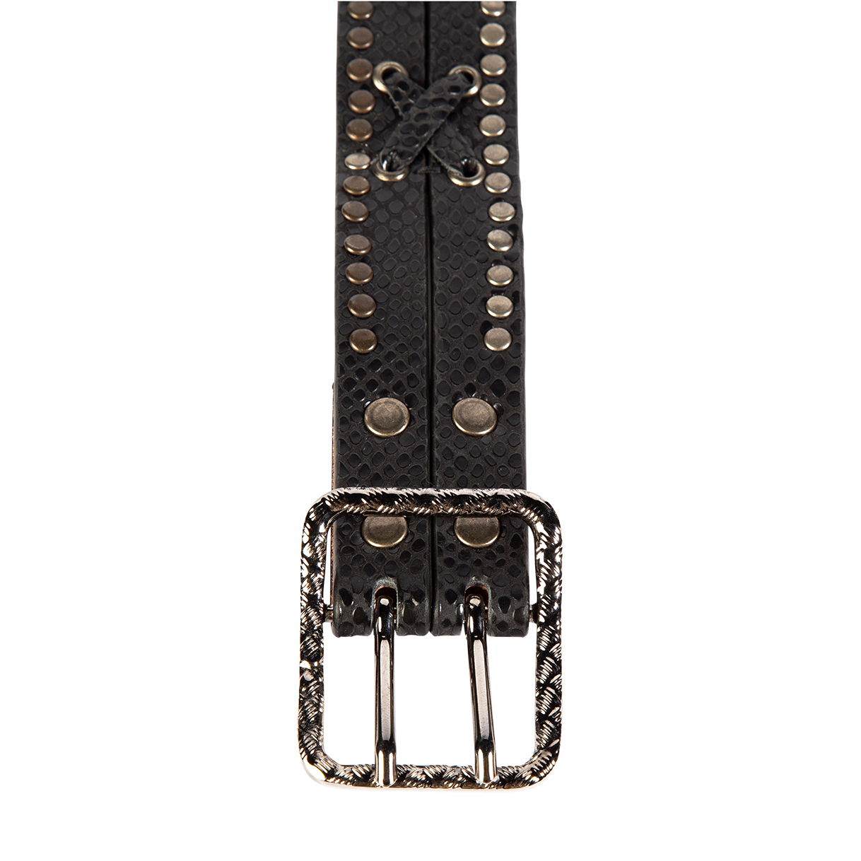 Cross black snake top view featuring silver hardware and leather wrap cross detailing on FREEBIRD full grain leather belt