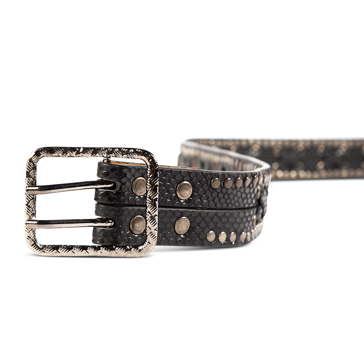 Cross black snake front view featuring silver hardware, stud detailing, and leather strap cross detailing on FREEBIRD full grain leather belt