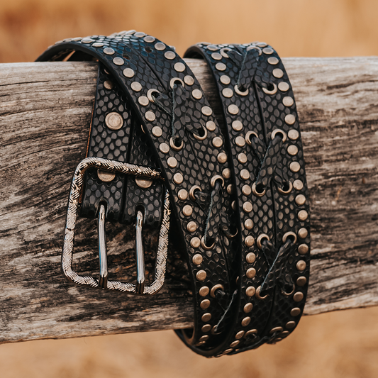 FREEBIRD Cross black snake full grain leather belt featuring silver hardware and leather cross detailing