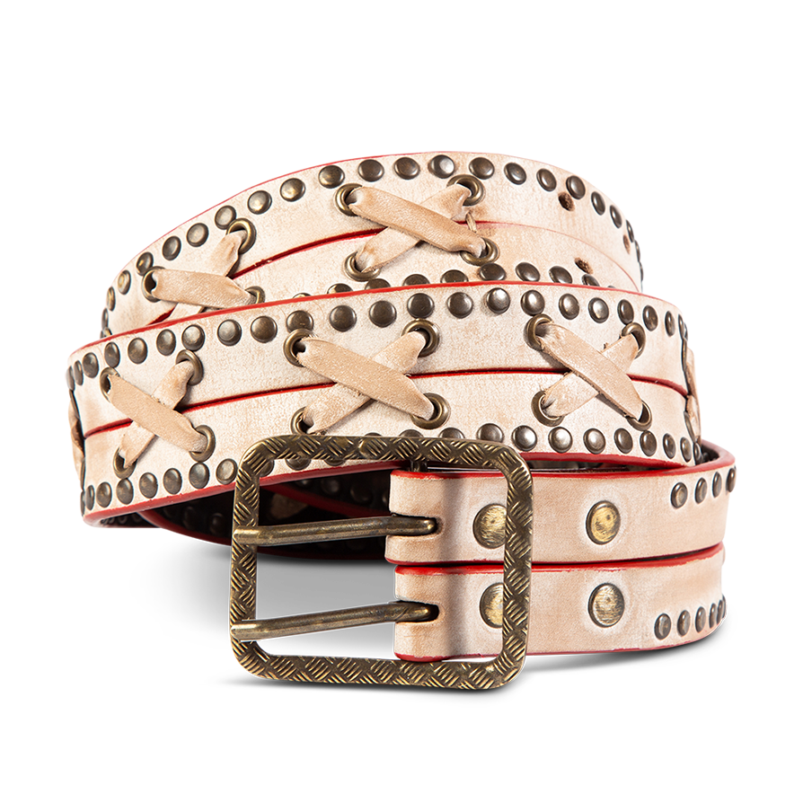 FREEBIRD Cross taupe full grain leather belt featuring silver hardware and leather cross detailingFREEBIRD Cross taupe full grain leather belt featuring rustic hardware and leather cross detailing