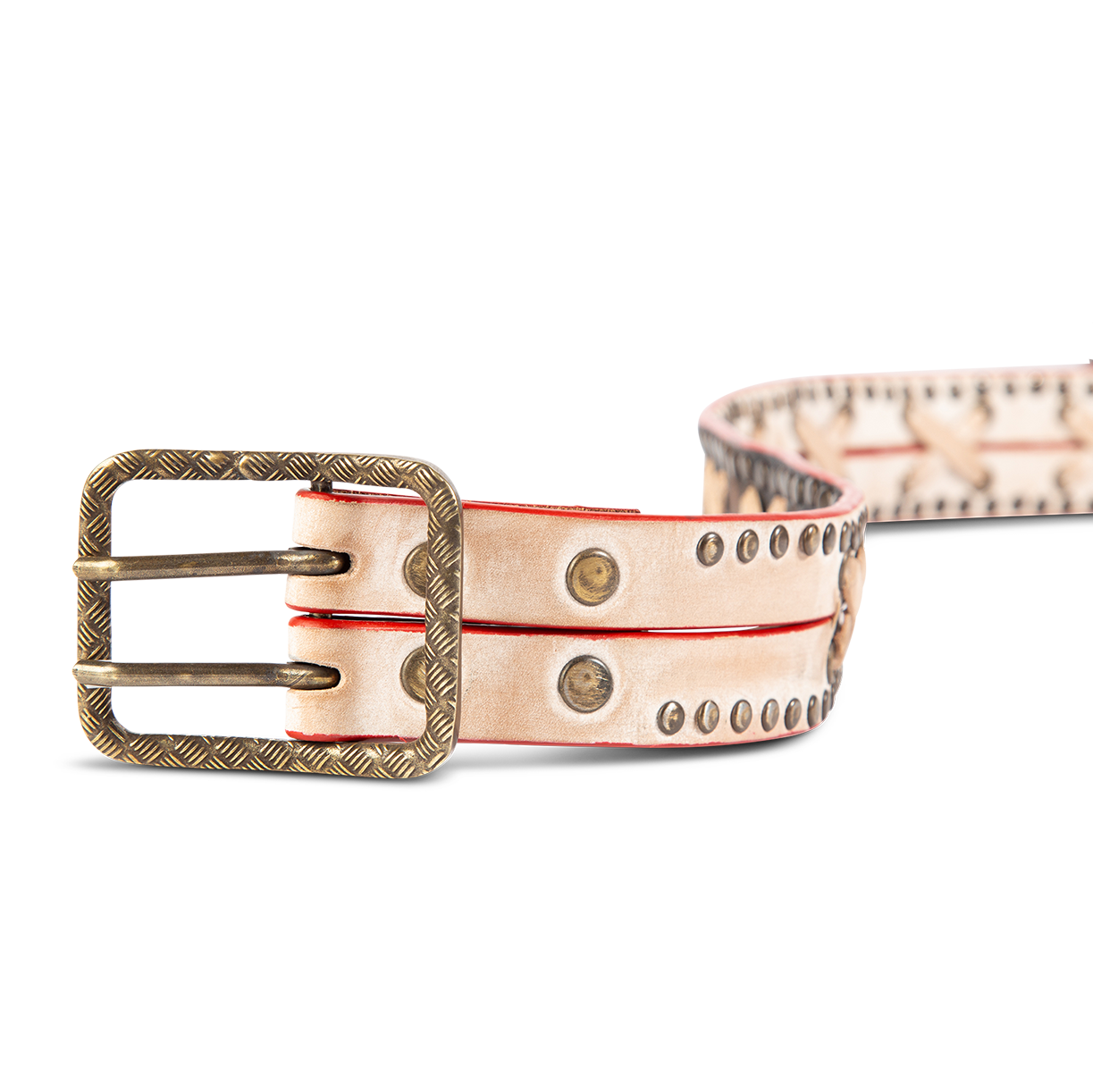 Cross taupe front view featuring rustic hardware, stud detailing, and leather strap cross detailing on FREEBIRD full grain leather belt