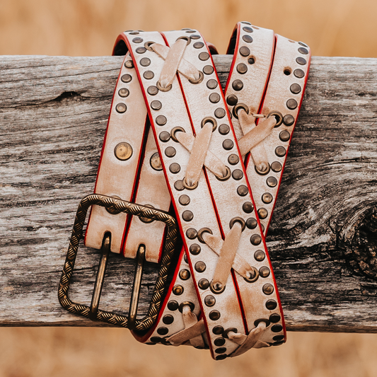 FREEBIRD Cross taupe full grain leather belt featuring rustic hardware and leather cross detailing