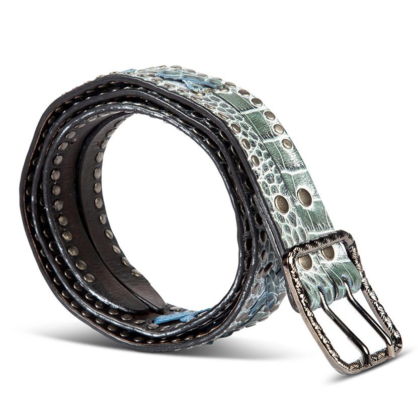 Cross turquoise croco side view featuring silver hardware, stud detailing, and leather strap cross detailing on FREEBIRD full grain leather belt