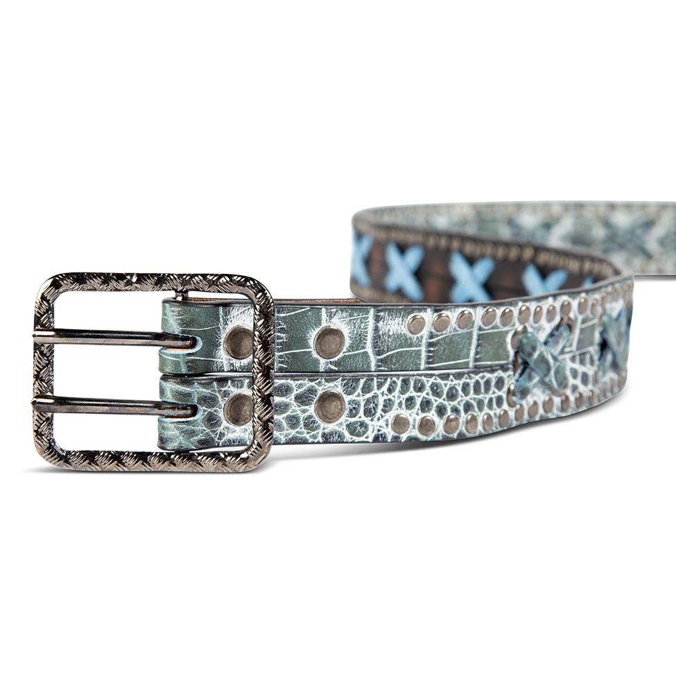 Cross turquoise croco front view featuring silver hardware, stud detailing, and leather strap cross detailing on FREEBIRD full grain leather belt