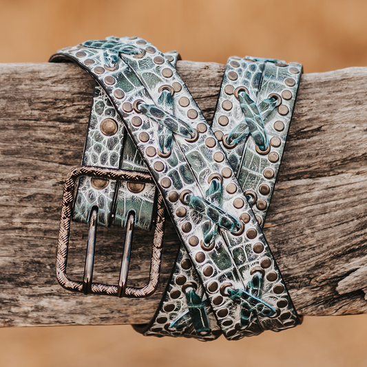 FREEBIRD Cross turquoise croco full grain leather belt featuring silver hardware and leather cross detailing