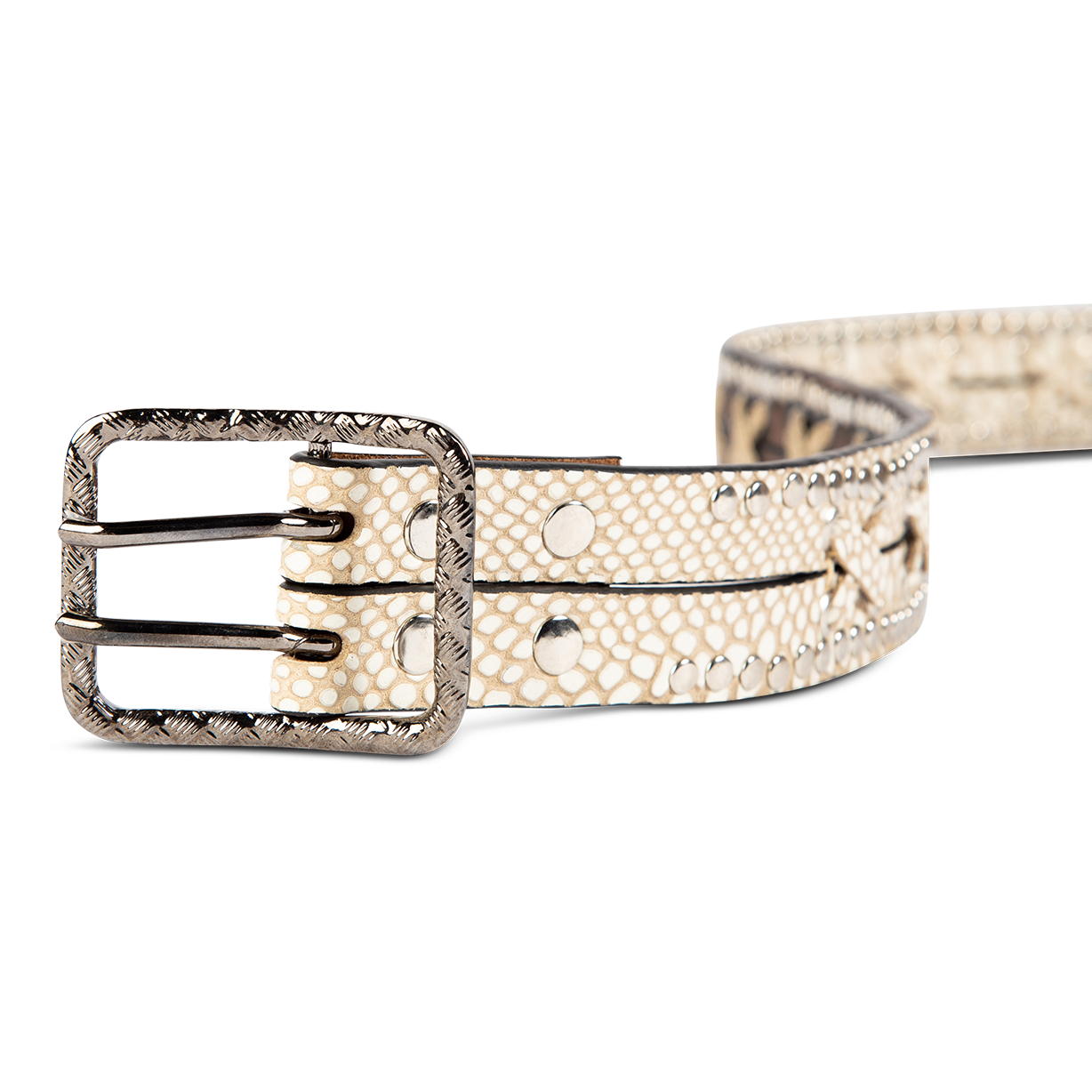 Cross white snake front view featuring silver hardware, stud detailing, and leather strap cross detailing on FREEBIRD full grain leather belt