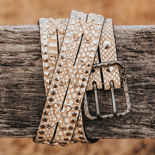 FREEBIRD Cross white snake full grain leather belt featuring silver hardware and leather cross detailing