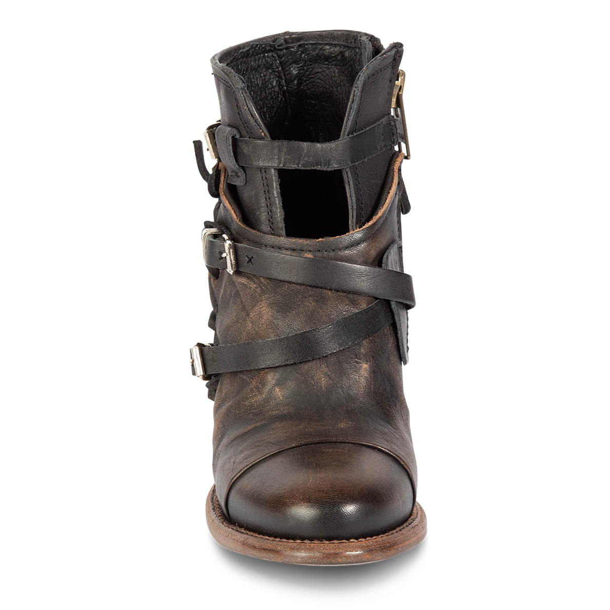 Front view showing cutout and leather ankle straps on FREEBIRD women's Crue black distressed leather bootie