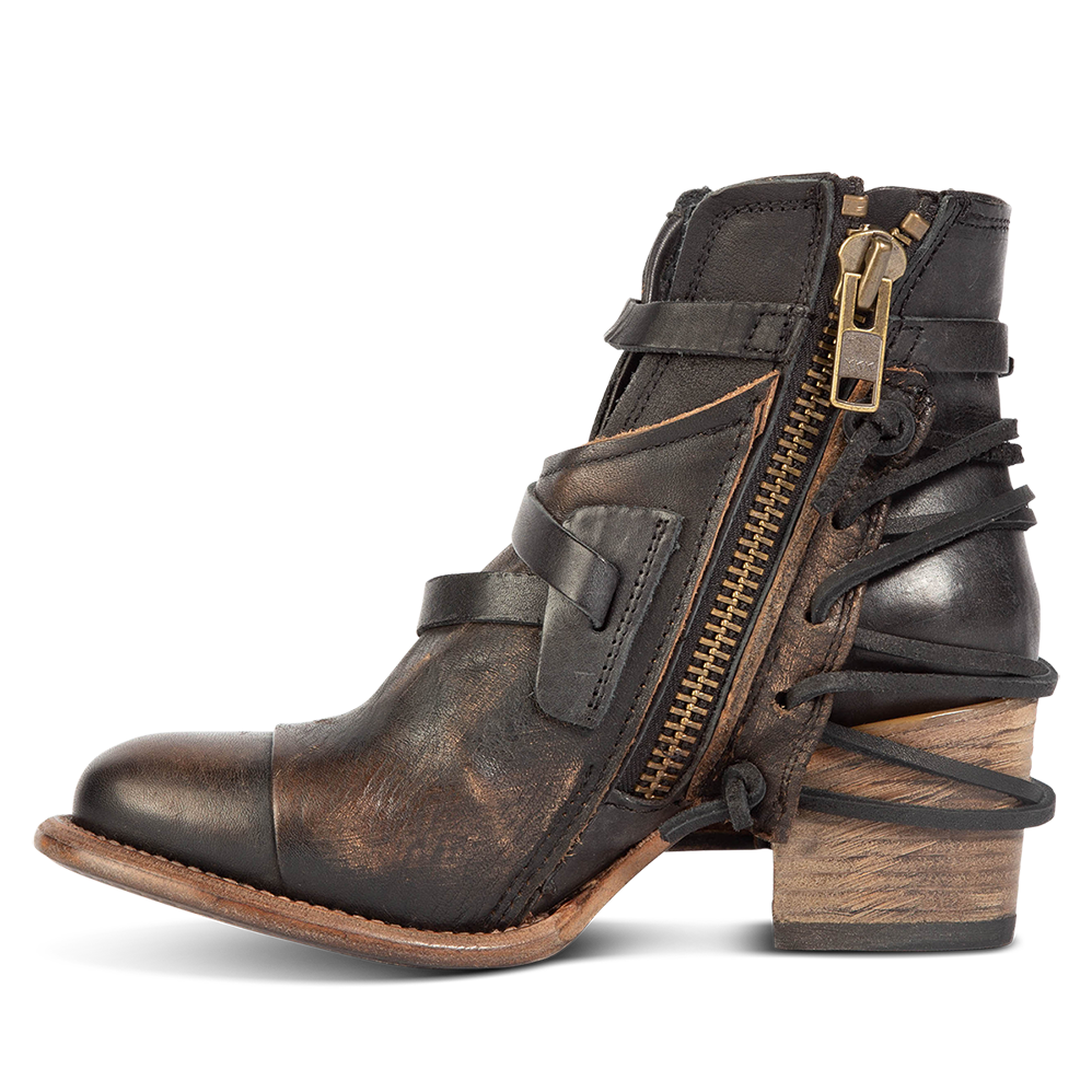 Inside view showing working brass zip closure on FREEBIRD women's Crue black distressed leather bootie