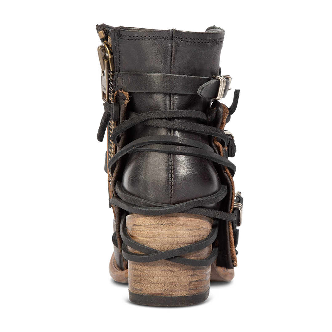 Back view showing black leather lacing and wood wrapped heel on FREEBIRD women's Crue black distressed leather bootie