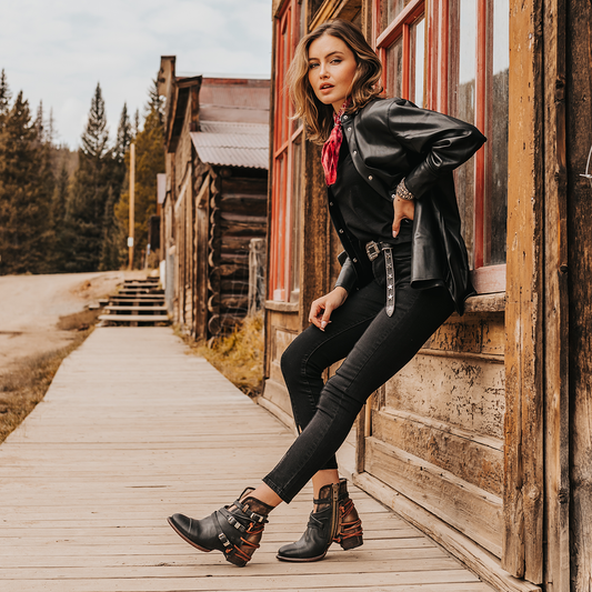 FREEBIRD women's Crue black multi leather cutout ankle bootie with silver hardware straps and back lacing detail lifestyle