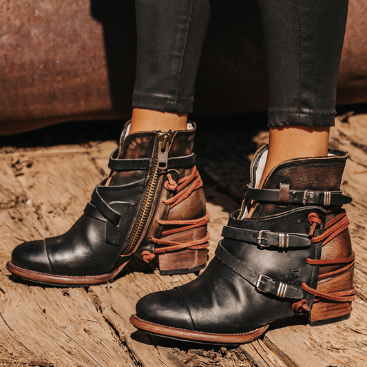 FREEBIRD women's Crue black multi leather cutout ankle bootie with silver hardware straps and back lacing detail