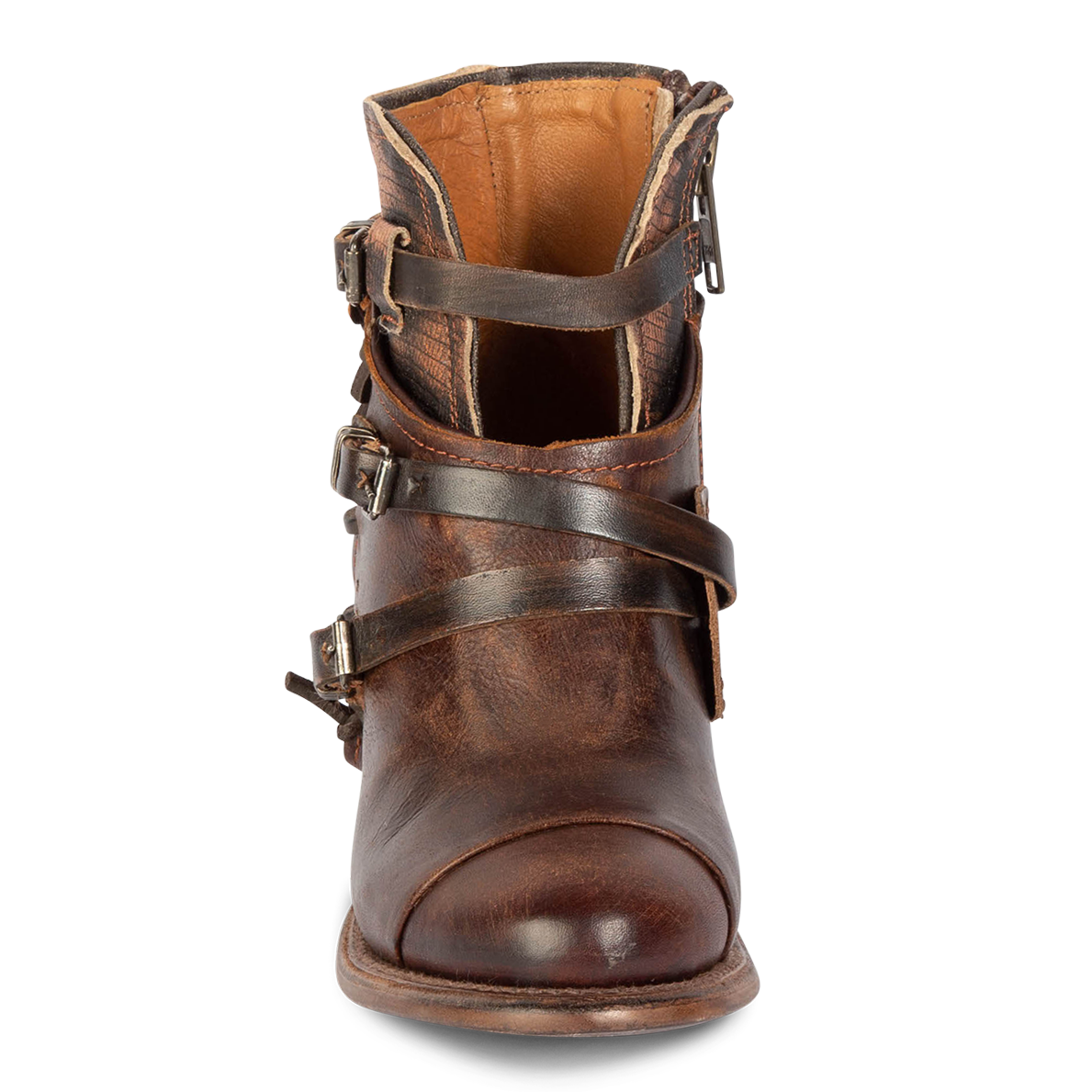 Front view showing cutout and leather ankle straps on FREEBIRD women's Crue copper multi leather bootie