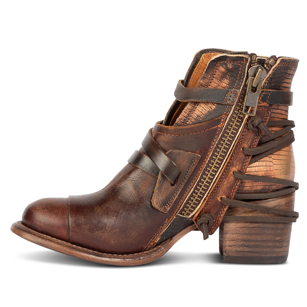 Inside view showing working brass zip closure on FREEBIRD women's Crue copper multi leather bootie