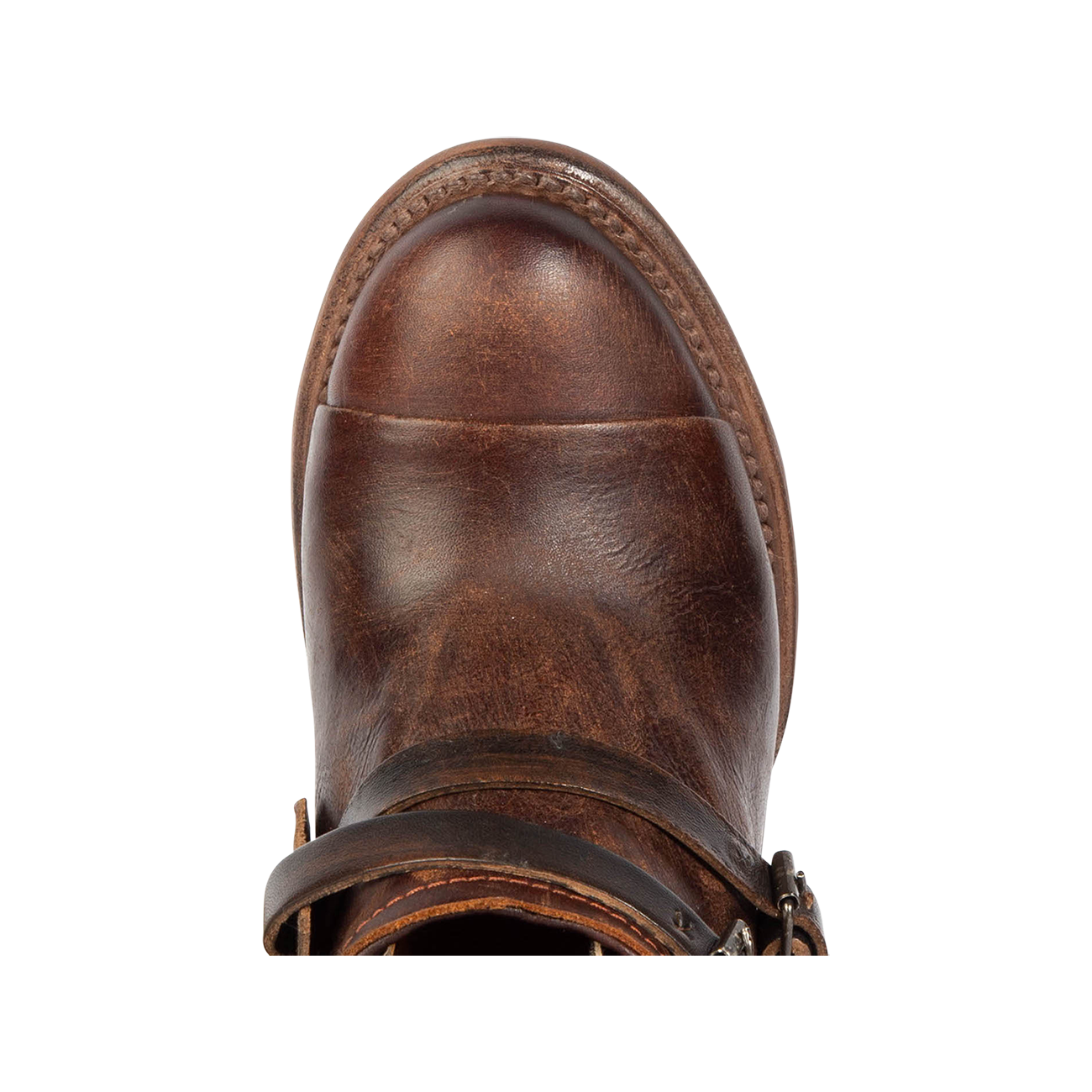 Top view showing almond toe on FREEBIRD women's Crue copper multi leather bootie