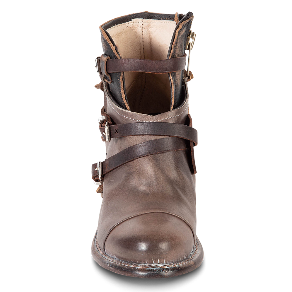 Front view showing cutout and leather ankle straps on FREEBIRD women's Crue grey multi leather bootie