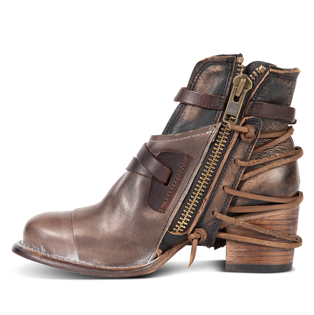 Inside view showing working brass zip closure on FREEBIRD women's Crue grey multi leather bootie