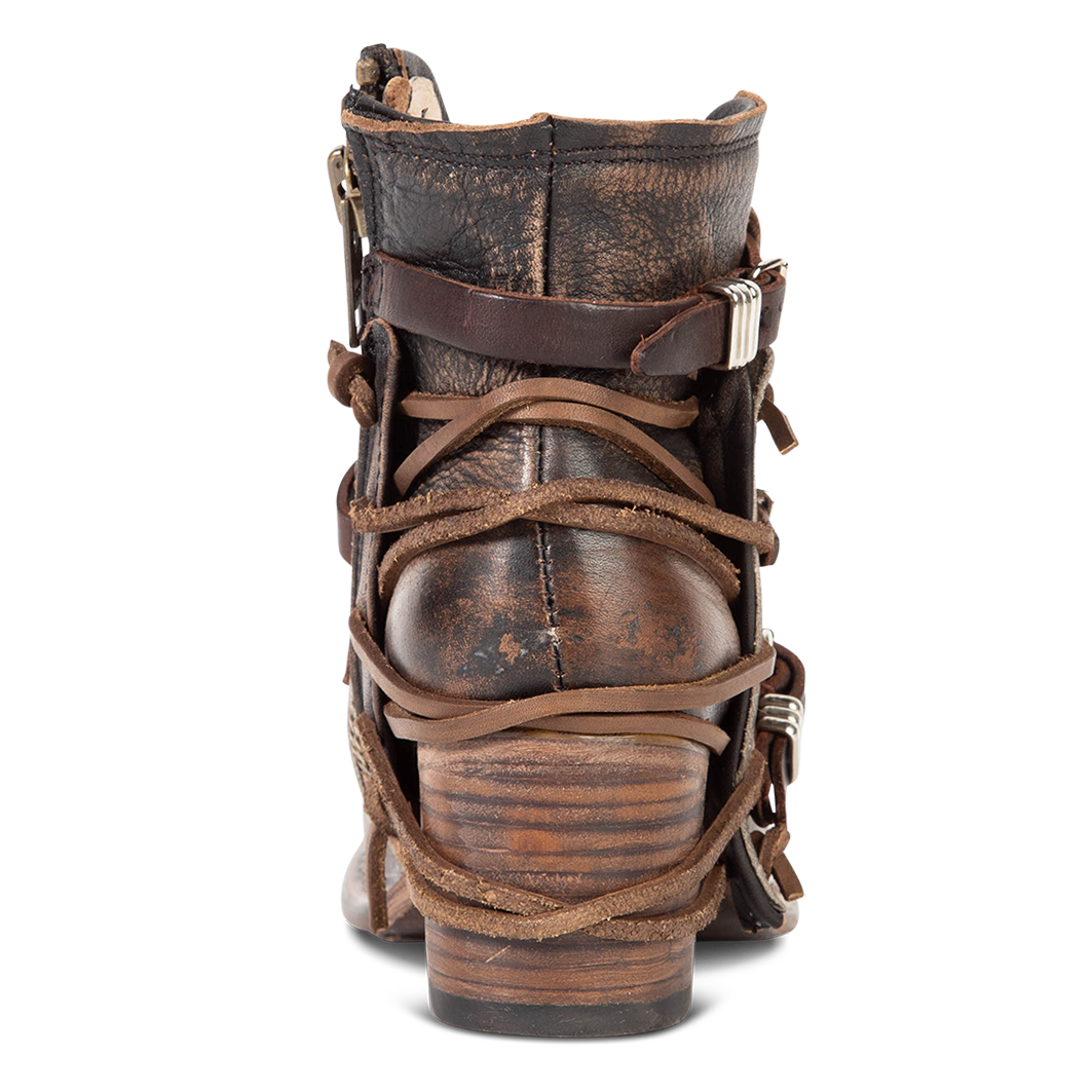 Back view showing brown leather lacing and wood wrapped heel on FREEBIRD women's Crue grey multi leather bootie