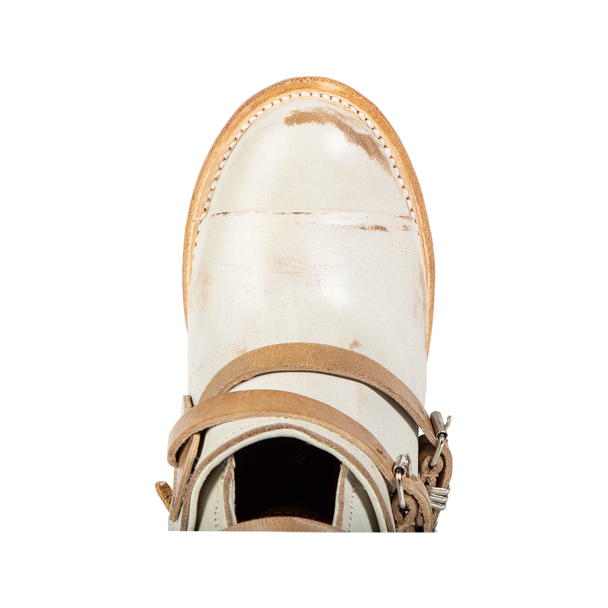 Top view showing almond toe on FREEBIRD women's Crue ice leather bootie