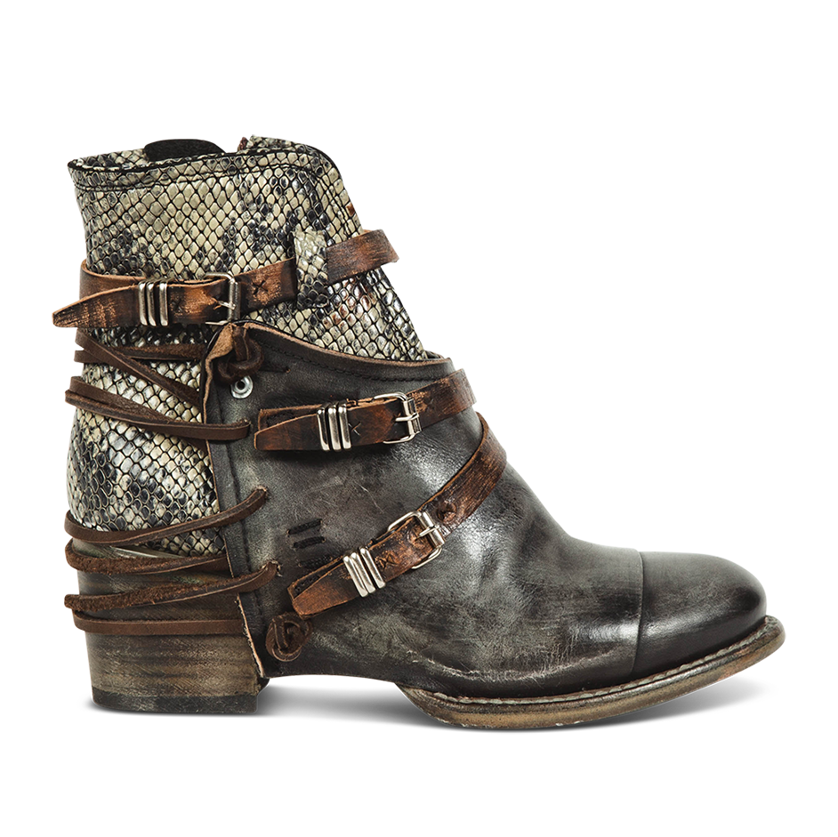 FREEBIRD women's Crue olive multi leather cutout ankle bootie with silver hardware straps and back lacing detail
