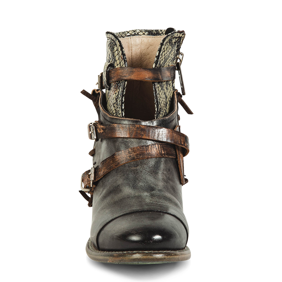 Front view showing cutout and leather ankle straps on FREEBIRD women's Crue olive multi leather bootie