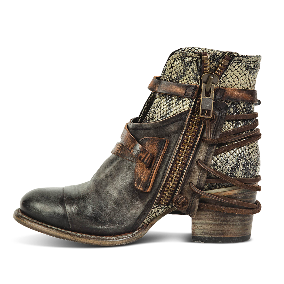 Inside view showing working brass zip closure on FREEBIRD women's Crue olive multi leather bootie