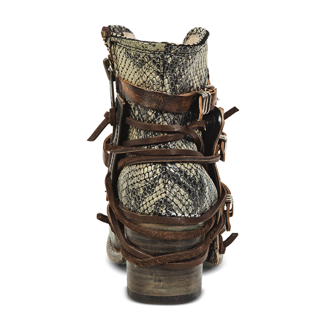 Back view showing brown leather lacing and wood wrapped heel on FREEBIRD women's Crue olive multi leather bootie