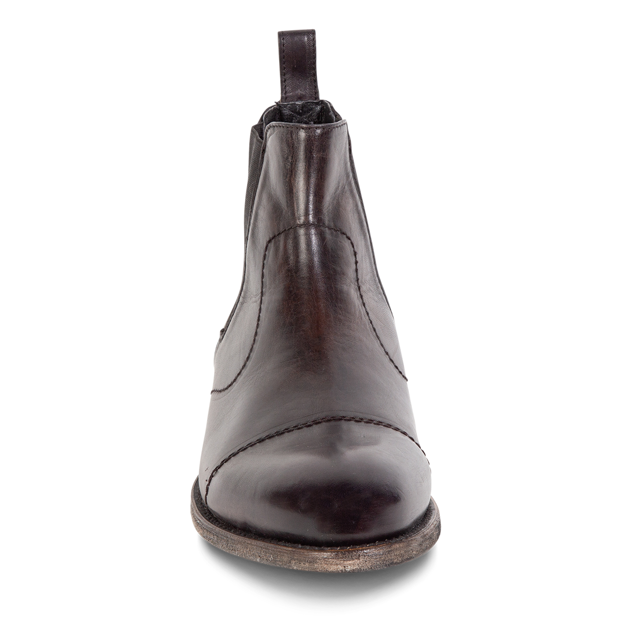 Front view showing stitch detailing on FREEBIRD men's Curtis black leather chelsea boot