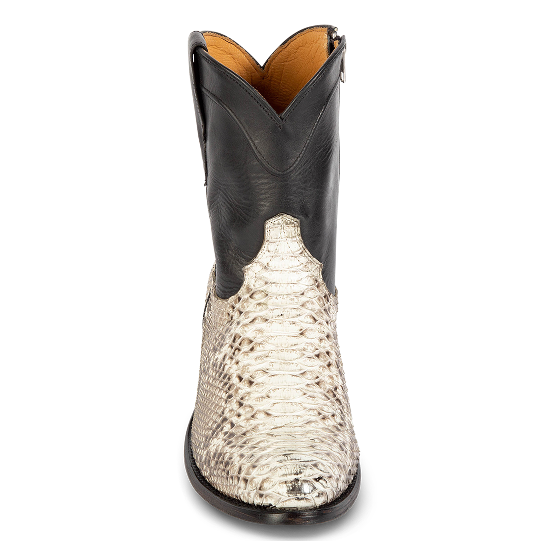 Front view showing exotic leather detailing on FREEBIRD men's Desperado black/white low heeled mid calf boot