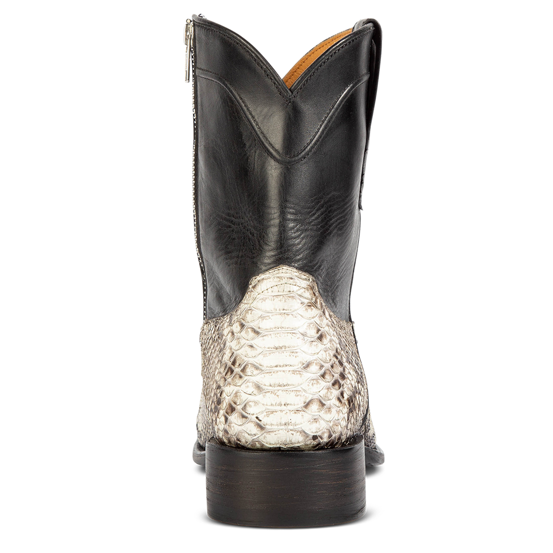 Back view showing low heel on FREEBIRD men's Desperado black/white mid calf boot