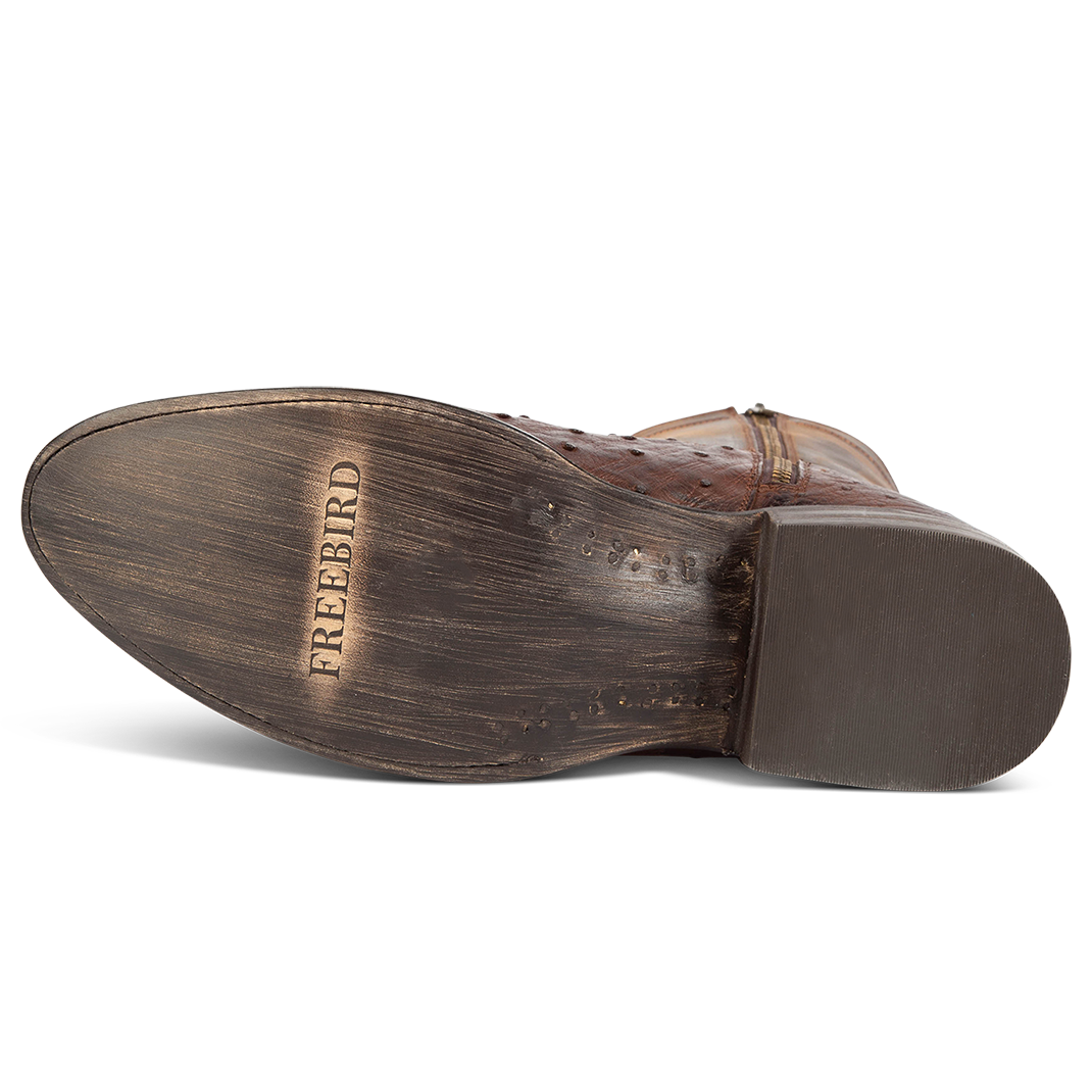 Leather imprinted sole FREEBIRD on men's Desperado brown mid calf boot