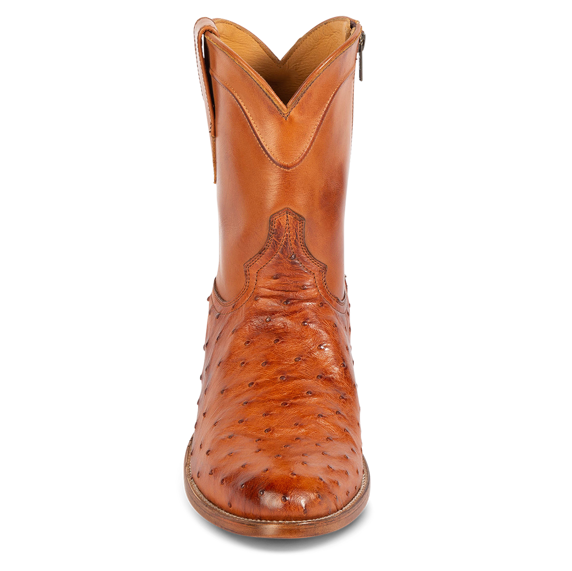 Front view showing exotic leather detailing on FREEBIRD men's Desperado tan low heeled mid calf boot