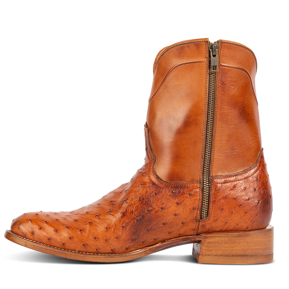 Inside view showing working zip closure and stitch detailing on FREEBIRD men's Desperado tan low heeled mid calf boot