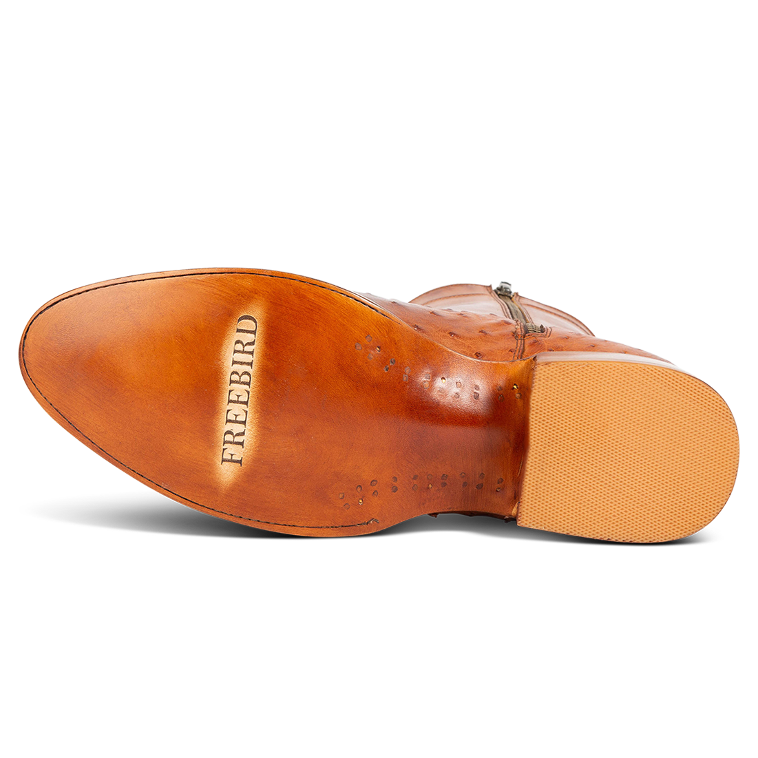 Leather imprinted sole FREEBIRD on men's Desperado tan mid calf boot