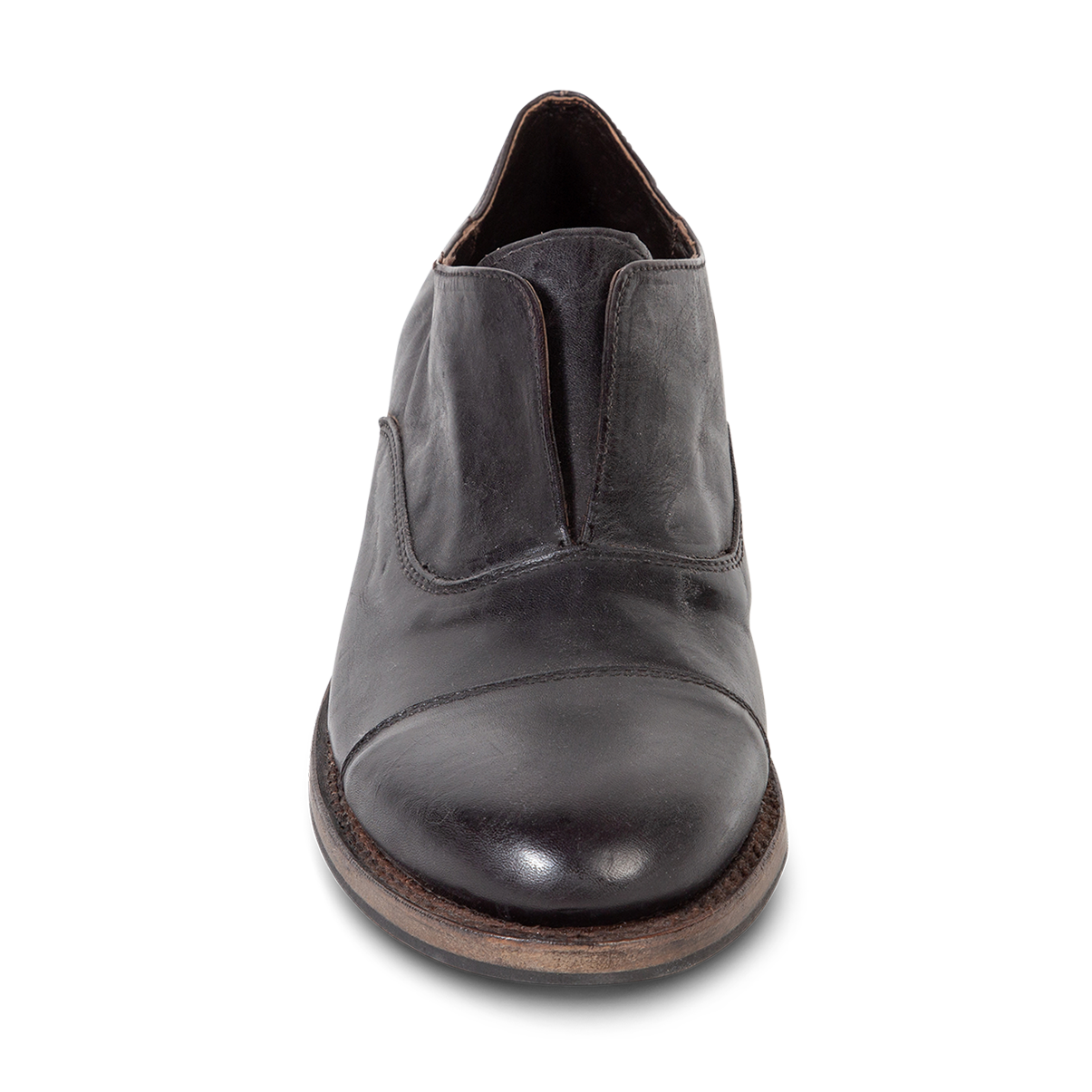 Front view showing loafer construction and almond toe on FREEBIRD men's Detrick black shoe