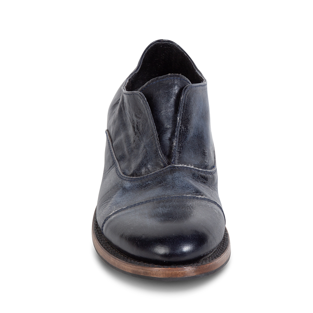 Front view showing loafer construction and almond toe on FREEBIRD men's Detrick navy shoe
