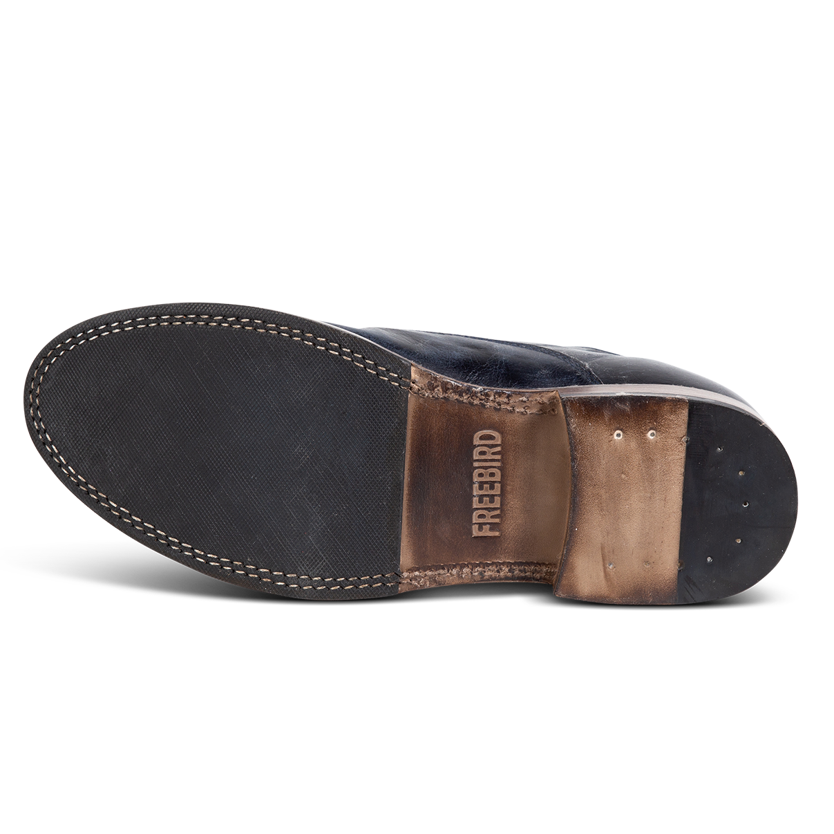 Rubber sole imprinted with FREEBIRD on men's Detrick navy shoe