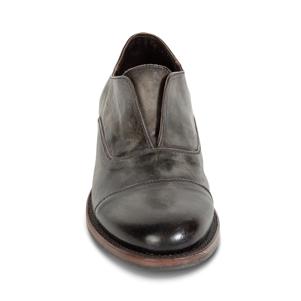 Front view showing loafer construction and almond toe on FREEBIRD men's Detrick olive shoe
