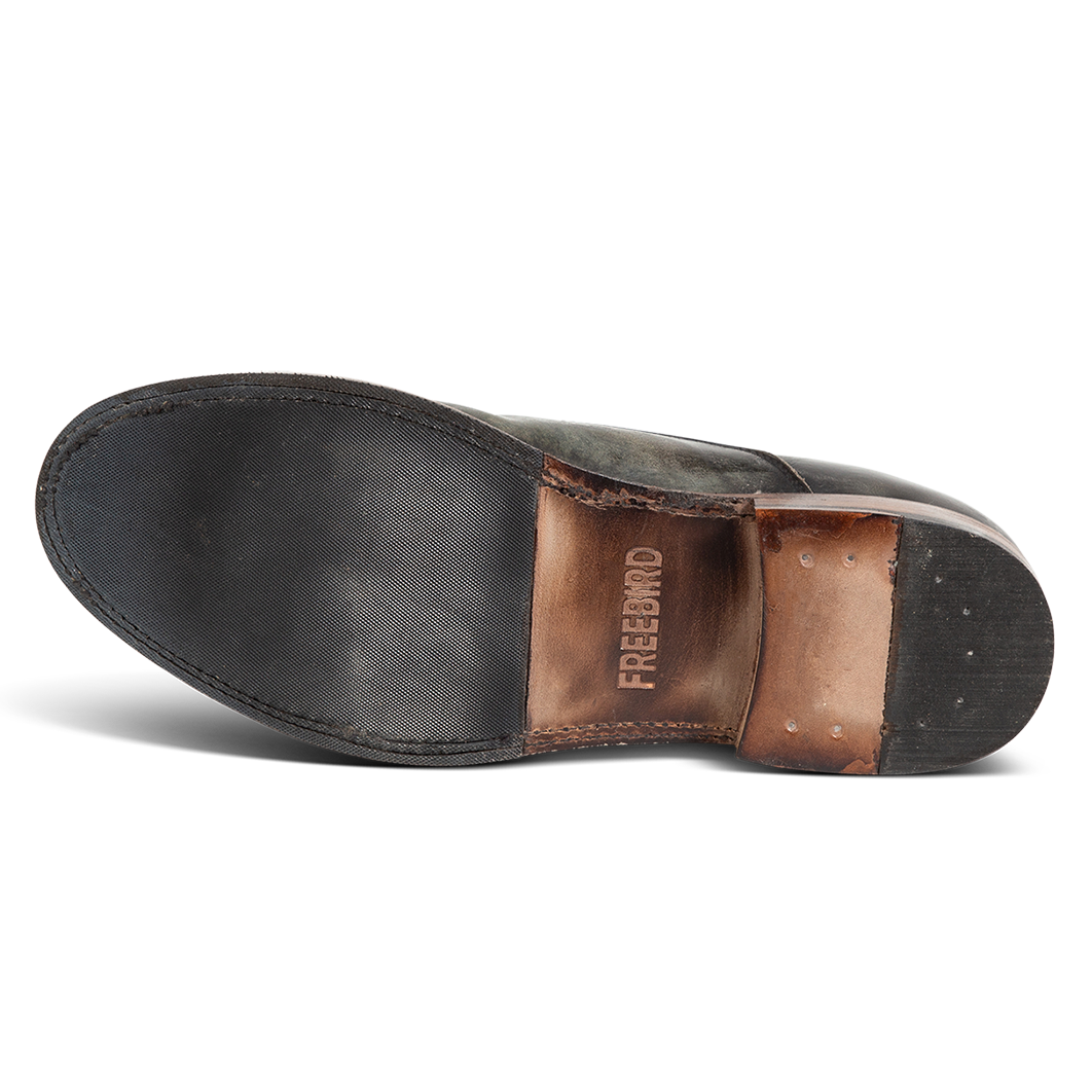 Rubber sole imprinted with FREEBIRD on men's Detrick olive shoe